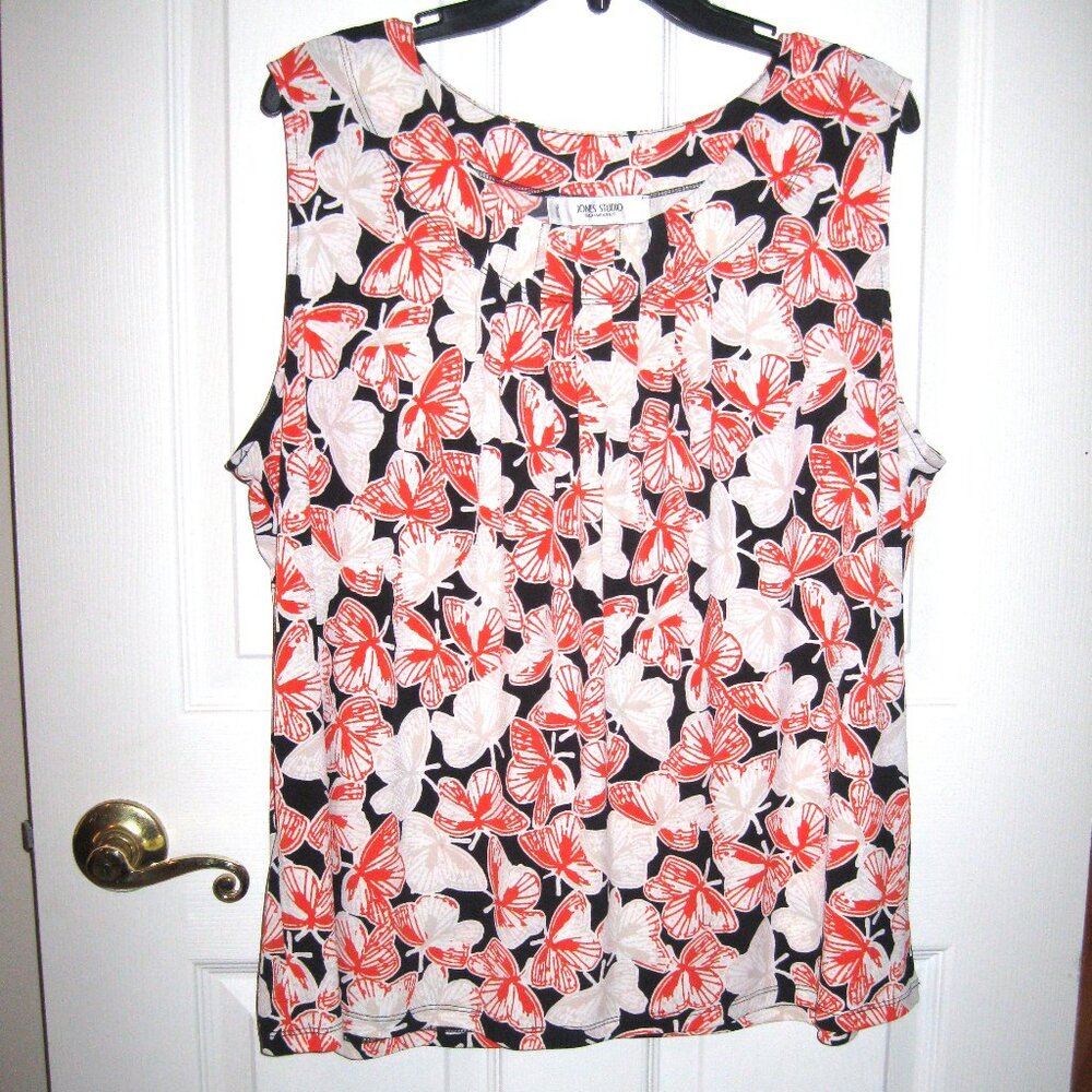 Jones Studio Womens Butterfly Print Tank Top Plus 2X Orange Black Poly Blend
